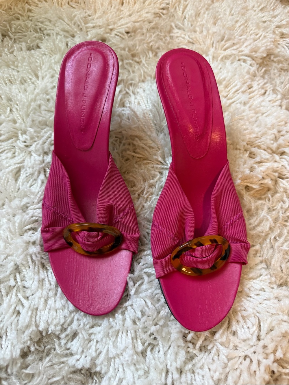 Donald J. Pliner Hot Pink Slide Mules with Tortoiseshell Ring - Picture 4 of 9